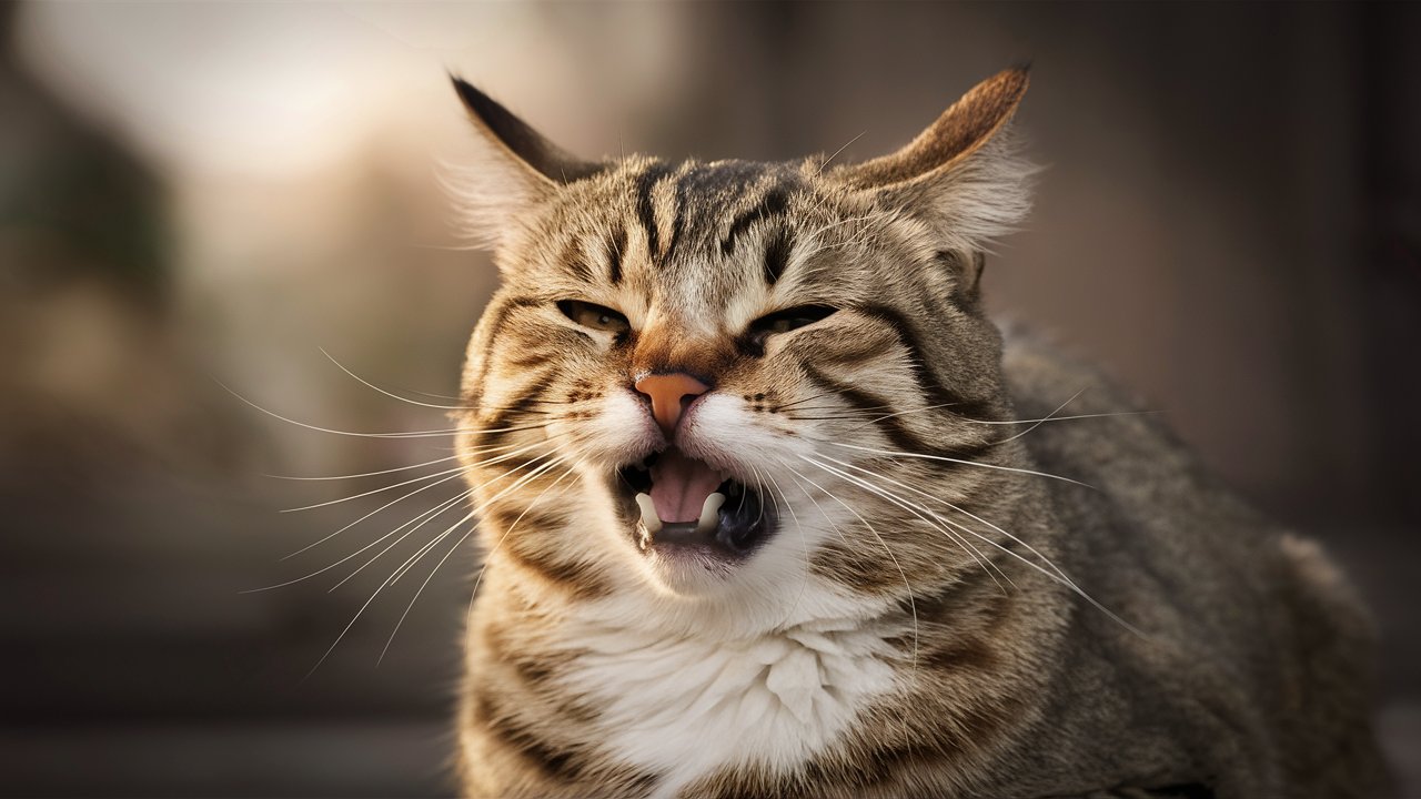Un gato tosiendo con los ojos medio cerrados