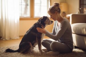 Una mujer acariciando a un perro mayor que puede ser que tenga que ser sacrificado porque ya lo está pasando mal