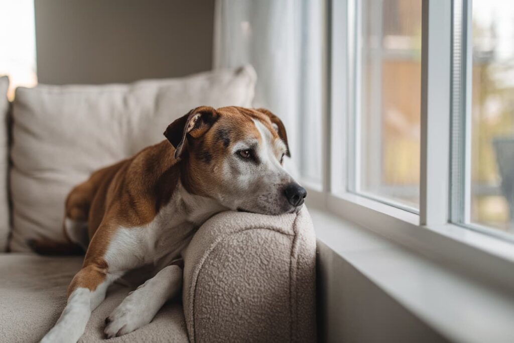Un perro que sufre depresión con cara triste mirando por la ventana.